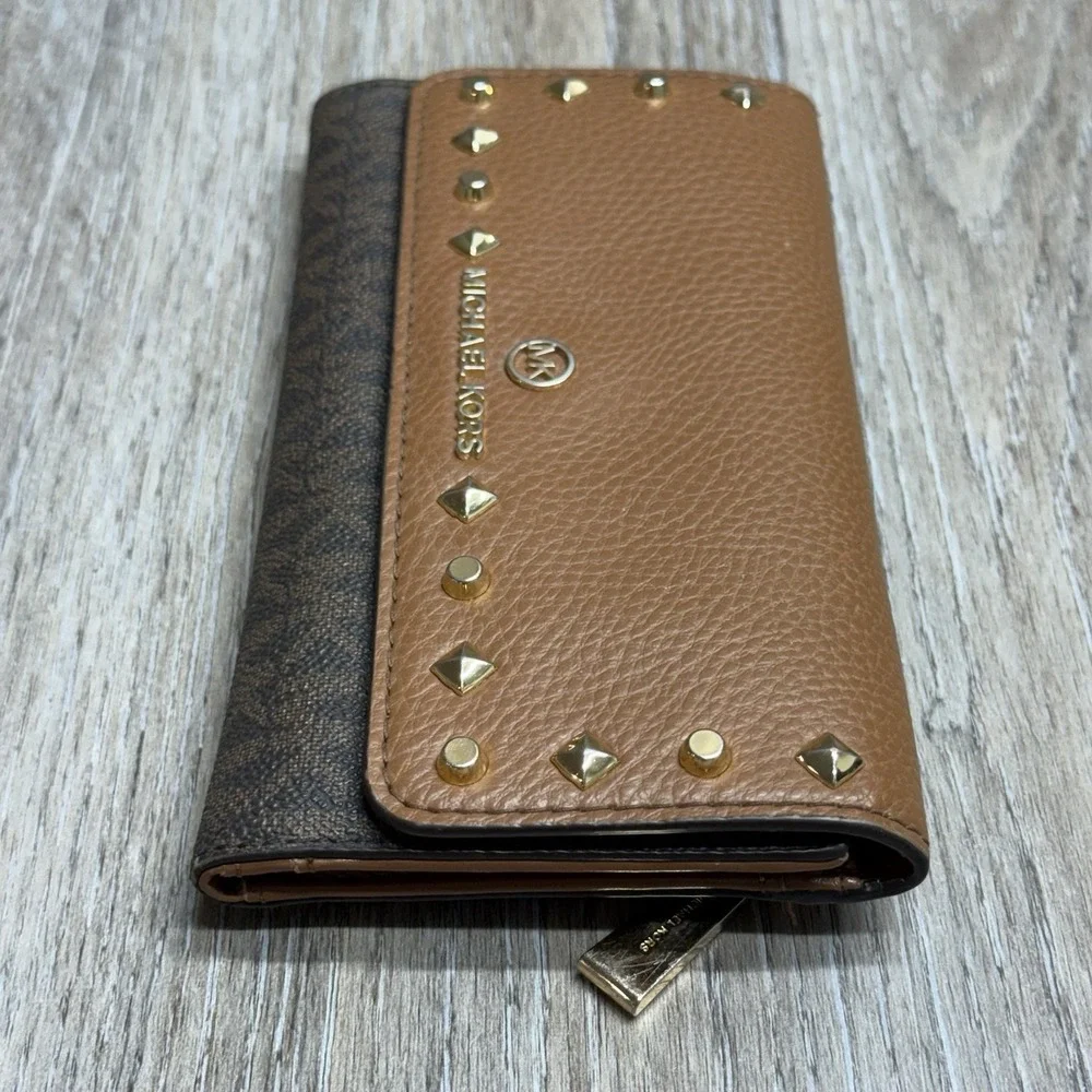 Michael Kors Karla Large Trifold Wallet Tan Studded Faux Leather Logo